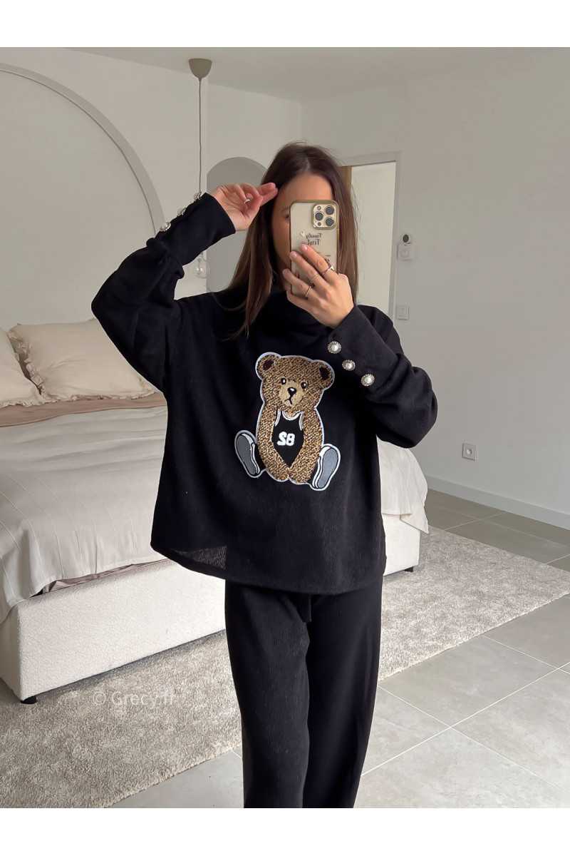 Ensemble Teddy noir pull ours ourson pantalon look ootd outfit mode tendance grecy