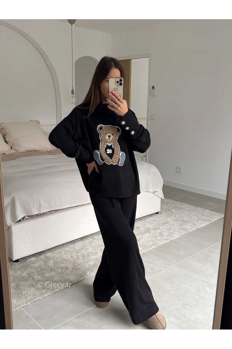 Ensemble Teddy noir pull ours ourson pantalon look ootd outfit mode tendance grecy