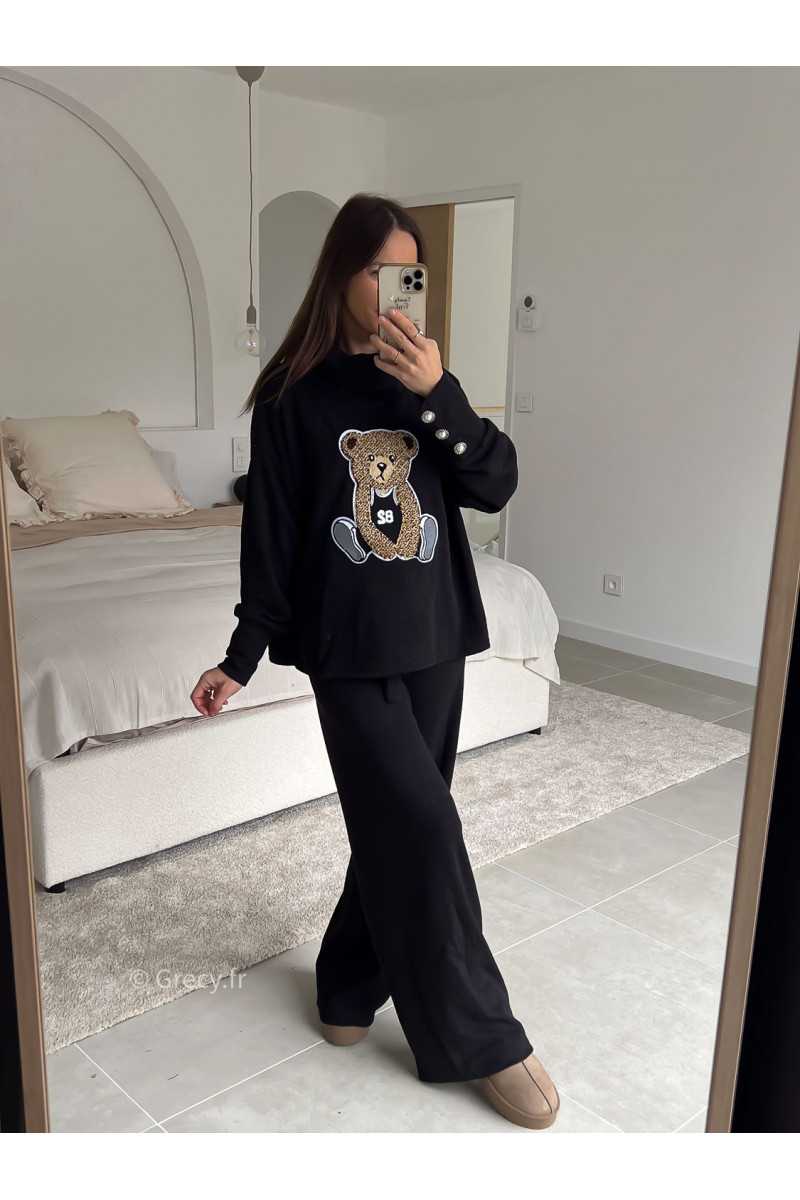 Ensemble Teddy noir pull ours ourson pantalon look ootd outfit mode tendance grecy