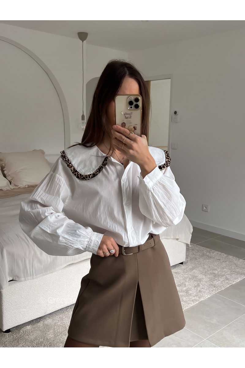 Chemise col Claudine Leopard blanche manches longues look ootd outfit mode tendance grecy