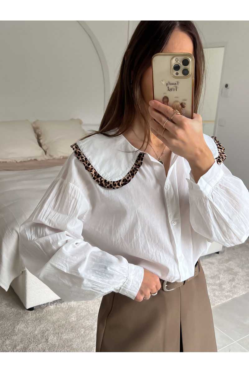 Chemise col Claudine Leopard blanche manches longues look ootd outfit mode tendance grecy