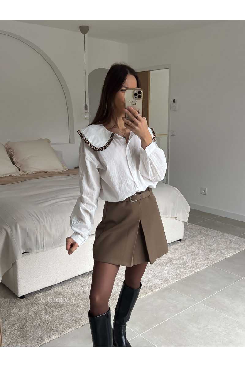 Chemise col Claudine Leopard blanche manches longues look ootd outfit mode tendance grecy