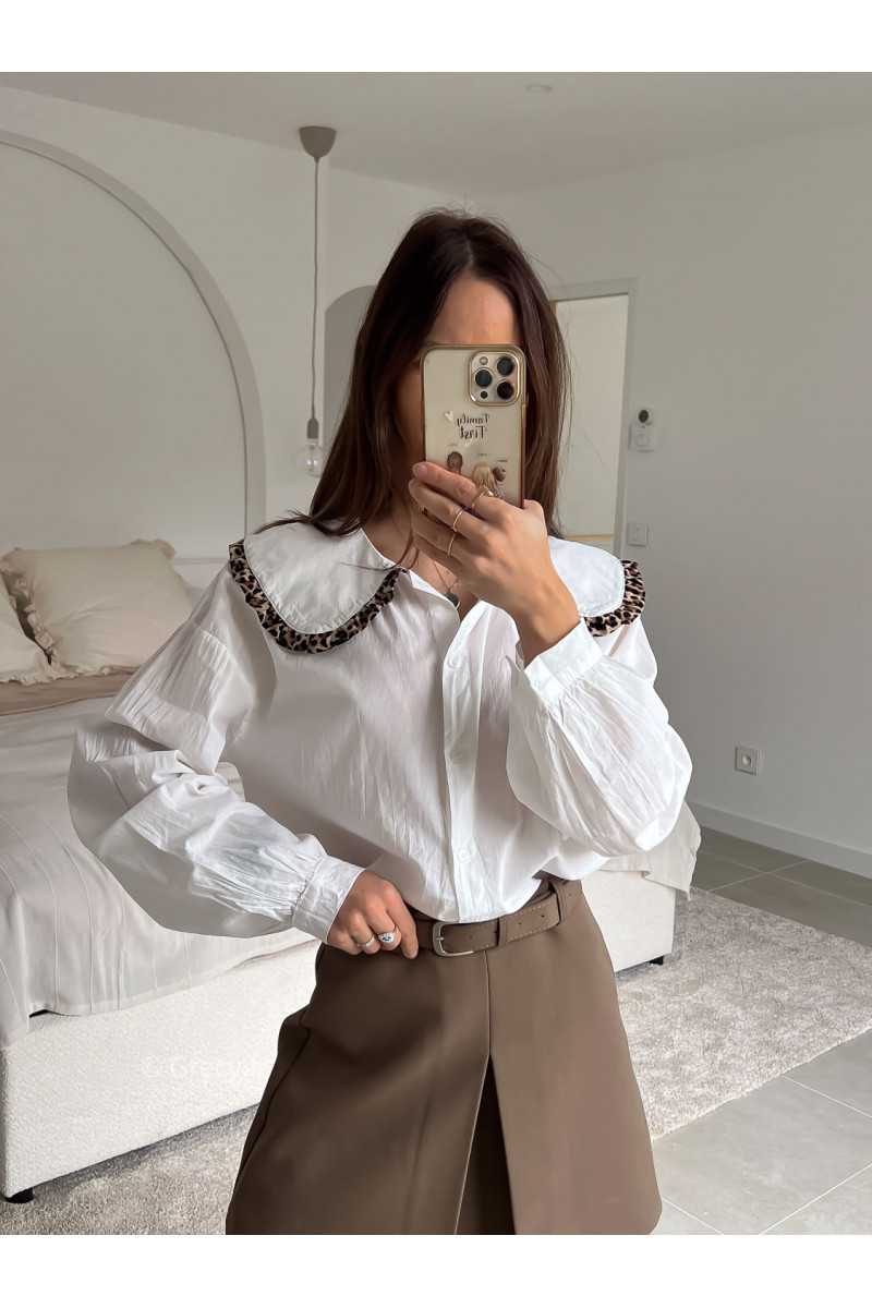 Chemise col Claudine Leopard blanche manches longues look ootd outfit mode tendance grecy