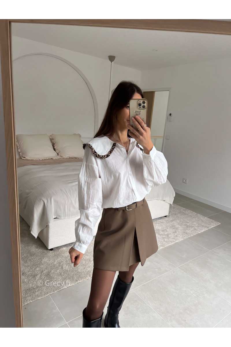 Chemise col Claudine Leopard blanche manches longues look ootd outfit mode tendance grecy