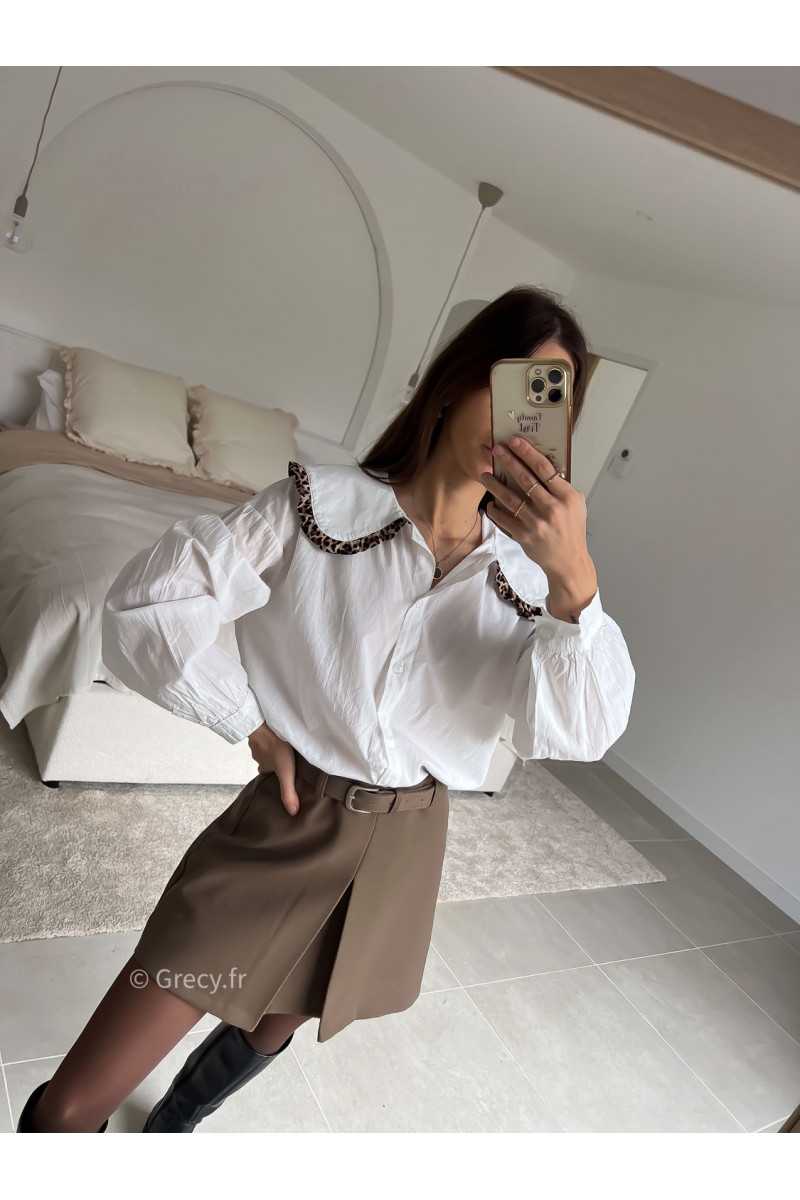 Chemise col Claudine Leopard blanche manches longues look ootd outfit mode tendance grecy