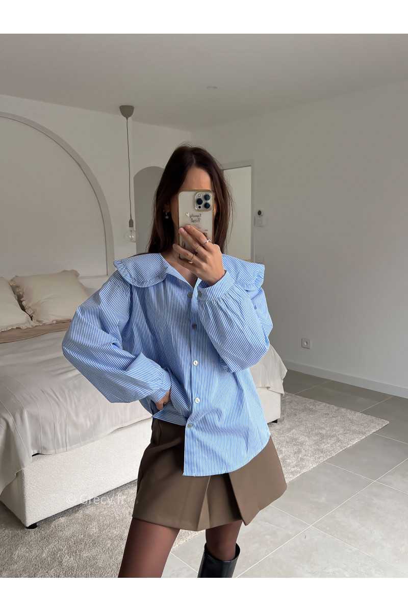 Chemise rayée bleu col Claudine manches longues look ootd outfit mode tendance grecy