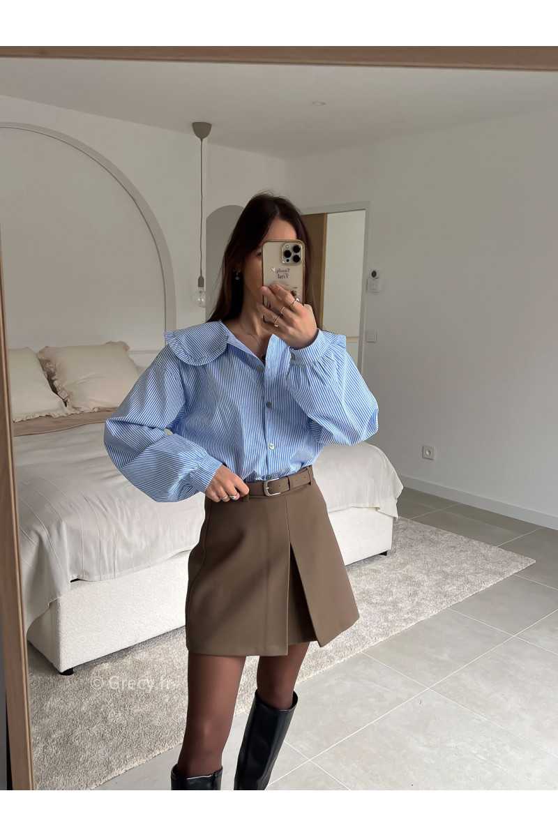 Chemise rayée bleu col Claudine manches longues look ootd outfit mode tendance grecy