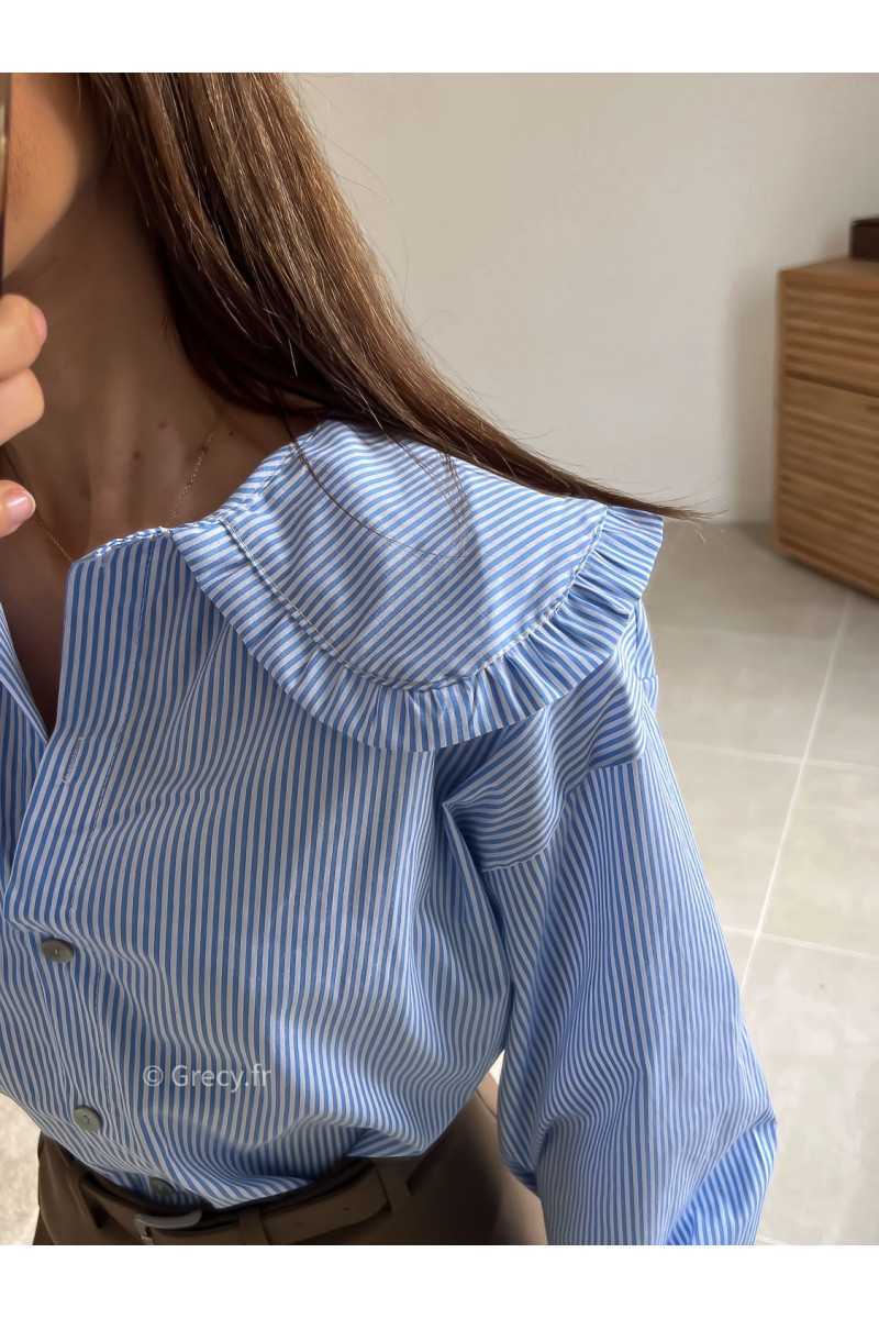 Chemise rayée bleu col Claudine manches longues look ootd outfit mode tendance grecy