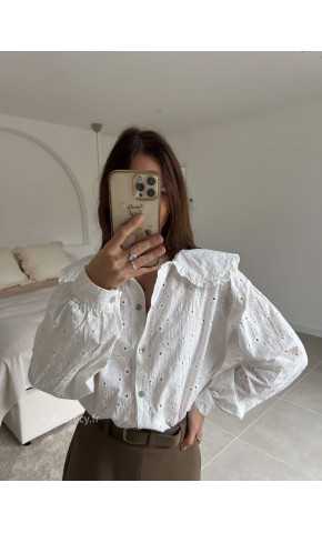 Chemise broderies anglaises col Claudine manches longues look ootd outfit mode tendance grecy