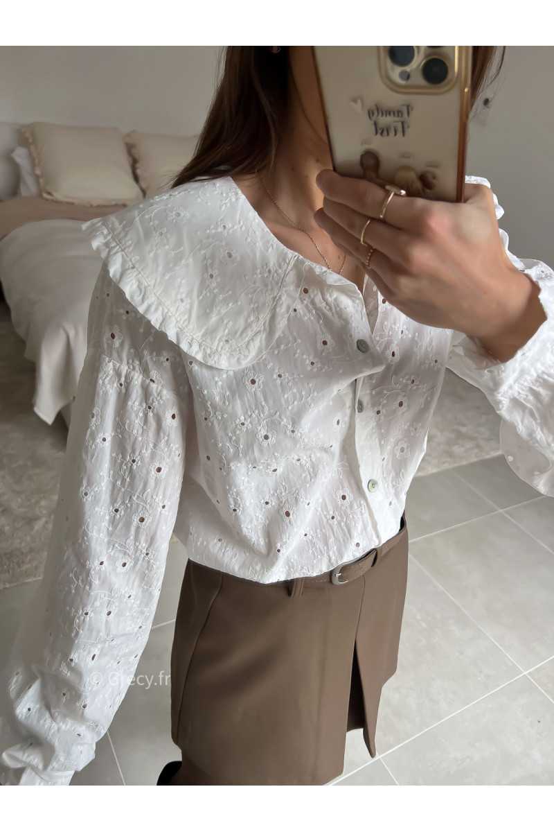 Chemise broderies anglaises col Claudine manches longues look ootd outfit mode tendance grecy