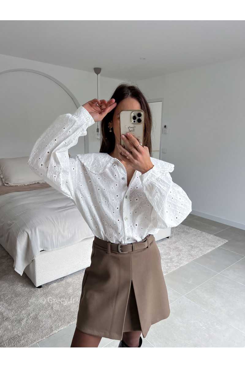 Chemise broderies anglaises col Claudine manches longues look ootd outfit mode tendance grecy