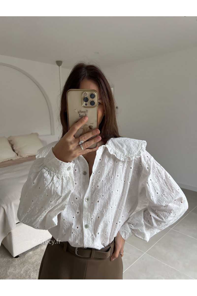 Chemise broderies anglaises col Claudine manches longues look ootd outfit mode tendance grecy