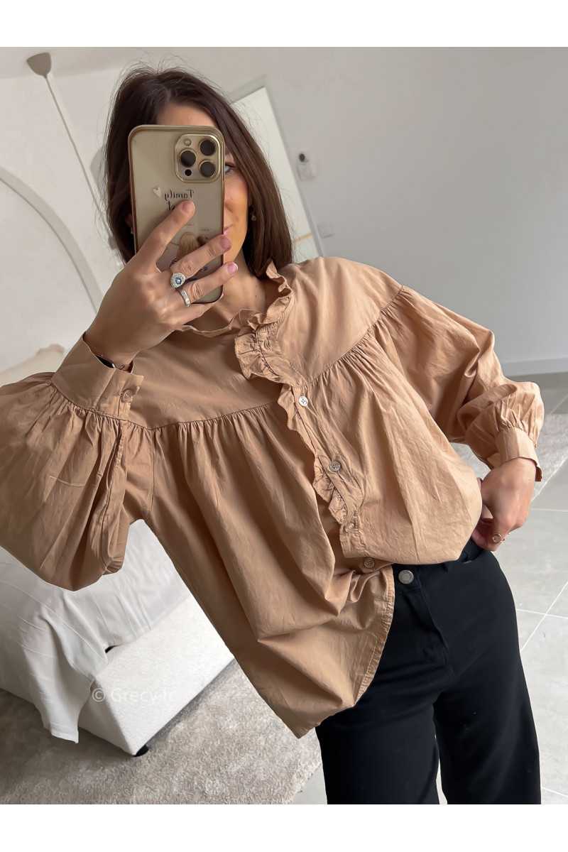 blouse babydoll beige camel manches longues look ootd outfit mode tendance grecy