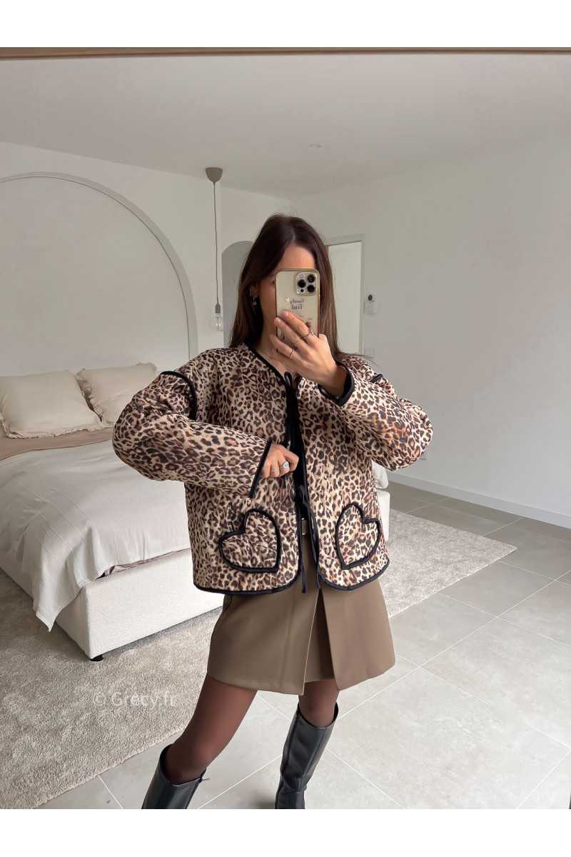 Veste matelassée leopard poches coeurs manches longues look ootd outfit mode tendance grecy
