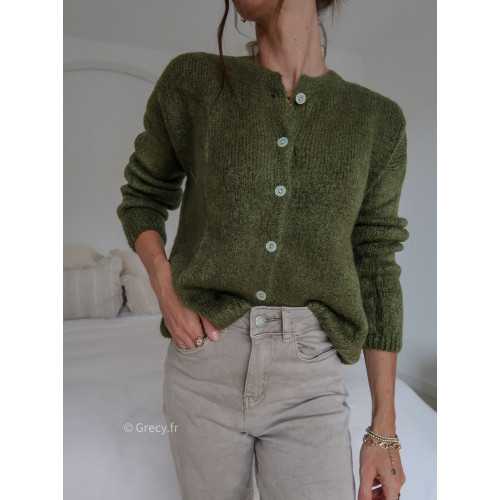 Gilet boutonné alpaga mohair kaki basique tendance grecy look