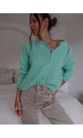 Gilet boutonné alpaga mohair vert d'eau pastel turquoise clair basique tendance grecy look