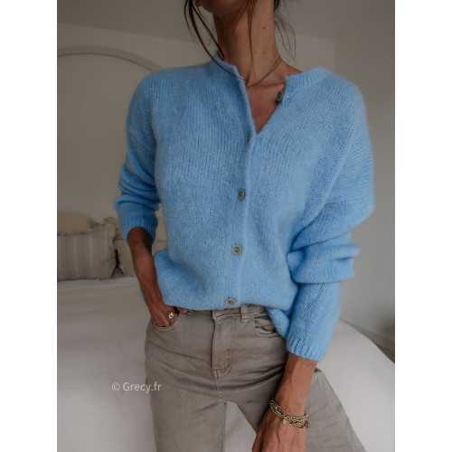 Gilet boutonné alpaga mohair bleu clair basique tendance grecy look