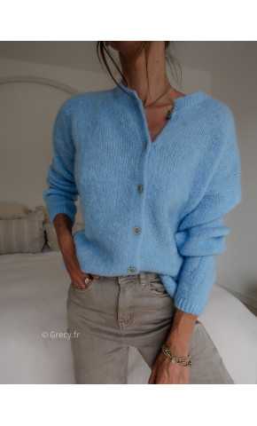 Gilet boutonné alpaga mohair bleu clair basique tendance grecy look