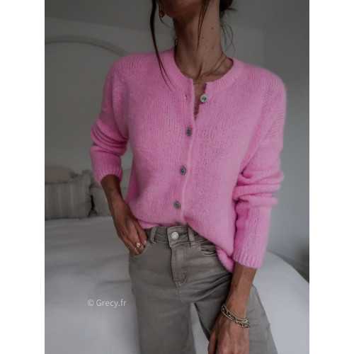 Gilet boutonné alpaga mohair rose basique tendance grecy look