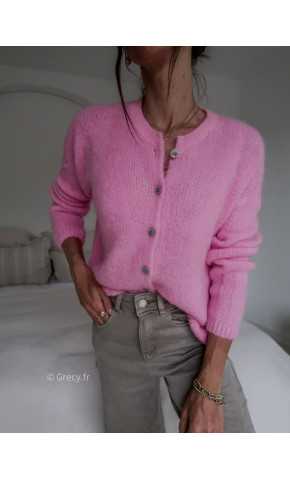 Gilet boutonné alpaga mohair rose basique tendance grecy look