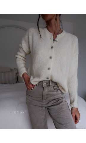 Gilet boutonné alpaga mohair beige écru basique tendance grecy look
