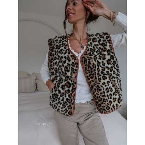 gilet sans manches leopard bouclette Teddy tendance grecy look