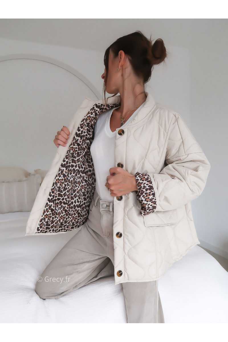 Veste matelassée beige leopard tendance grecy look
