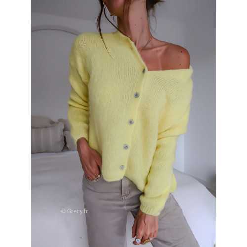 Gilet boutonné alpaga mohair jaune tendance grecy look