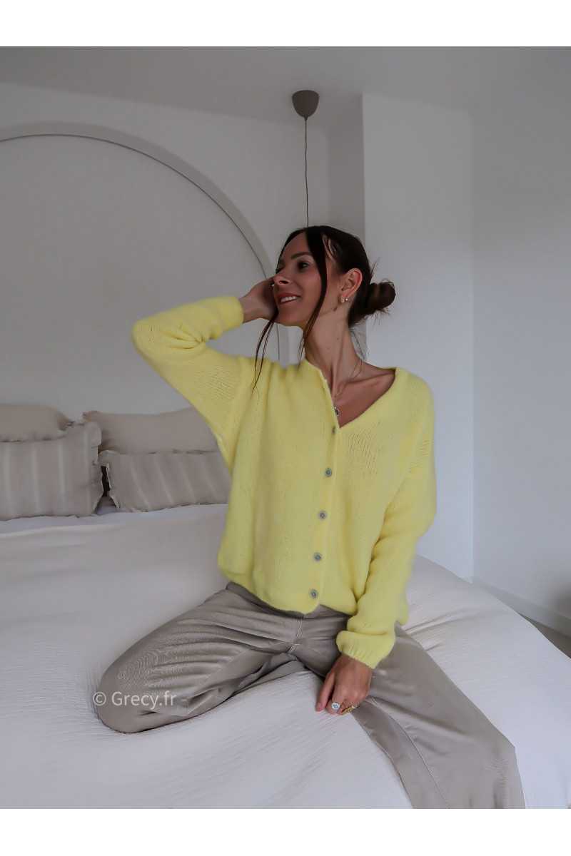 Gilet boutonné alpaga mohair jaune tendance grecy look