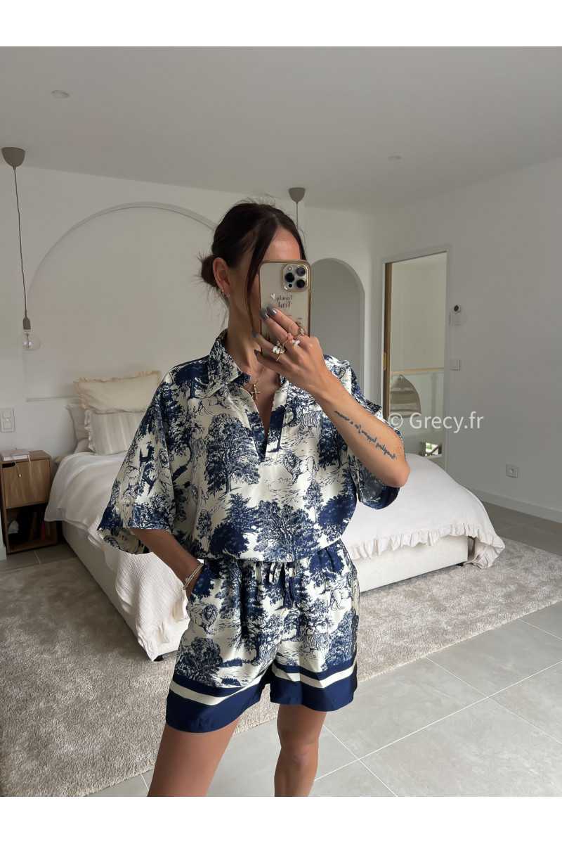 short soie toile de jouy bleu marine mode look grecy qualité intemporel ootd tendance chic