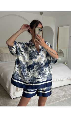 blouse col ouvert soie toile de jouy motif manches courtes douce oversize large grecy mode tenue ensemble