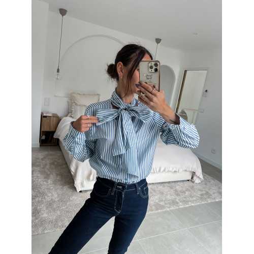 lavallière chemise col noeud rayures rayée bleu manches longues grecy mode chic