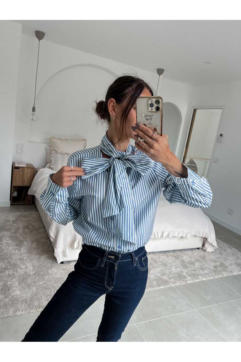 lavallière chemise col noeud rayures rayée bleu manches longues grecy mode chic