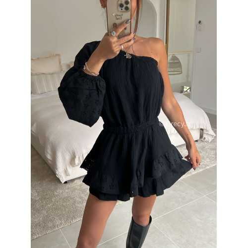 Combishort asymétrique noire gaze coton une manche broderie anglaise printemps été grecy mode look