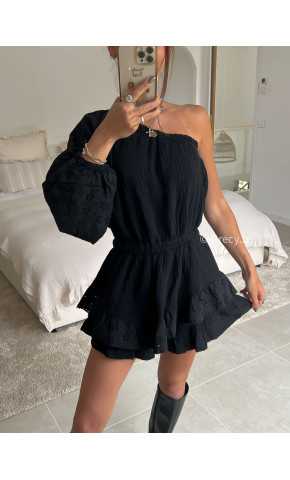 Combishort asymétrique noire gaze coton une manche broderie anglaise printemps été grecy mode look