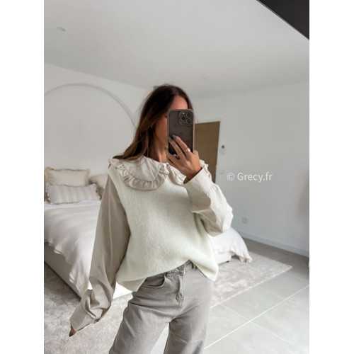 Pull alpaga sans manches écru mode tenue look intemporel grecy e-shop