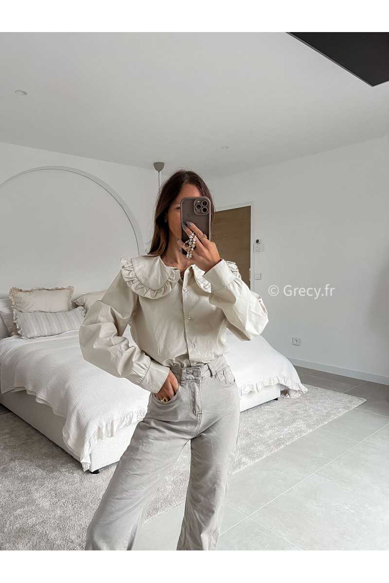 Chemise col Claudine beige manches longues mode tenue look intemporel grecy e-shop