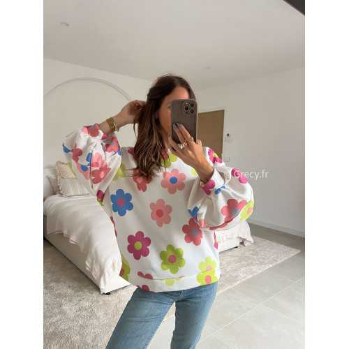 sweat oversize manches ballon fleuri blanc fleurs colorées manches longues mode tenue look intemporel grecy e-shop