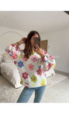 sweat oversize manches ballon fleuri blanc fleurs colorées manches longues mode tenue look intemporel grecy e-shop