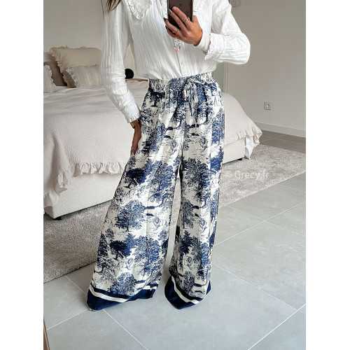 Pantalon soie safari large fluide bleu marine tigres toile de jouy mode tendance grecy look