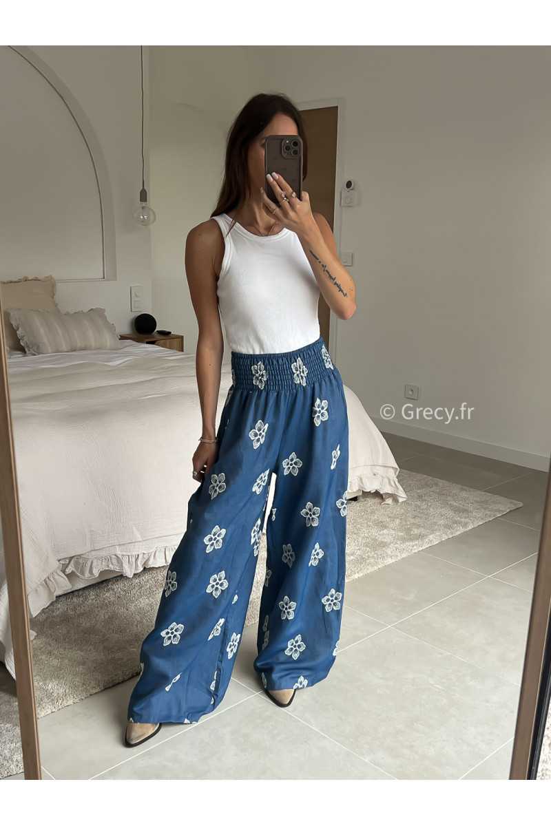pantalon jean élastique fluide large denim broderies fleuri été printemps 2025 mode grecy tendance look