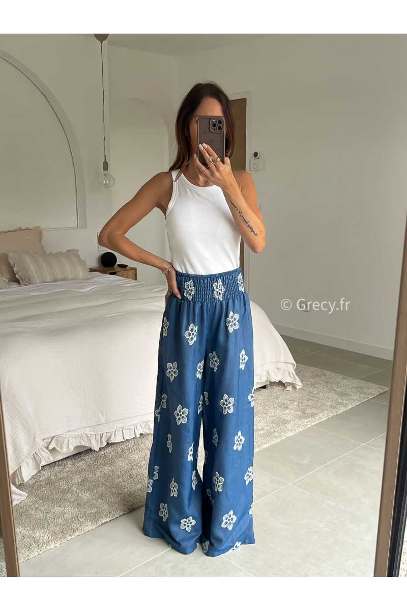 pantalon jean élastique fluide large denim broderies fleuri été printemps 2025 mode grecy tendance look