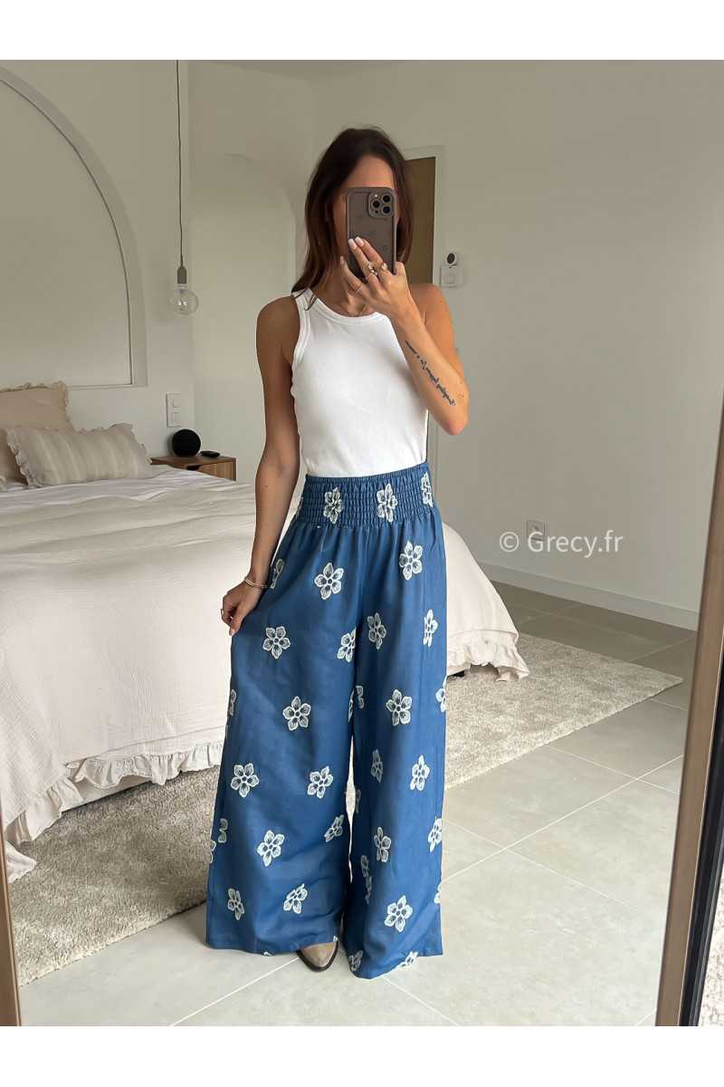 pantalon jean élastique fluide large denim broderies fleuri été printemps 2025 mode grecy tendance look