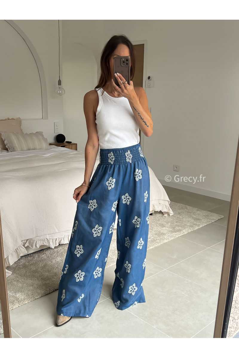 pantalon jean élastique fluide large denim broderies fleuri été printemps 2025 mode grecy tendance look