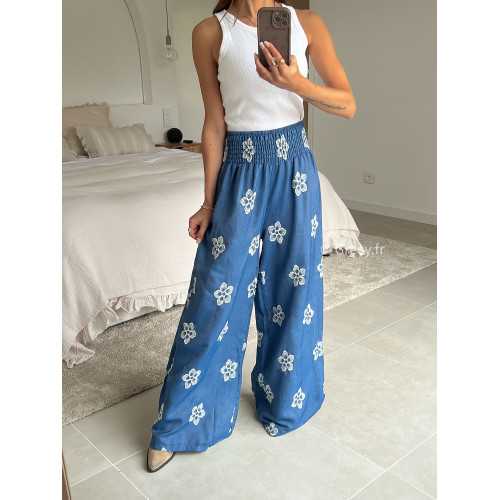 pantalon jean élastique fluide large denim broderies fleuri été printemps 2025 mode grecy tendance look