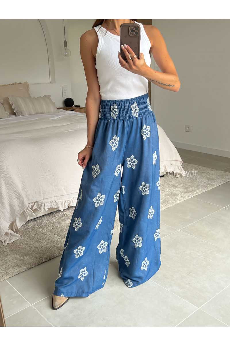 pantalon jean élastique fluide large denim broderies fleuri été printemps 2025 mode grecy tendance look