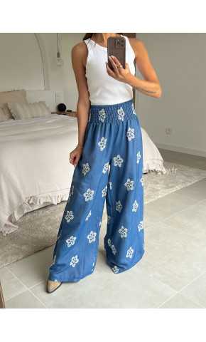 pantalon jean élastique fluide large denim broderies fleuri été printemps 2025 mode grecy tendance look