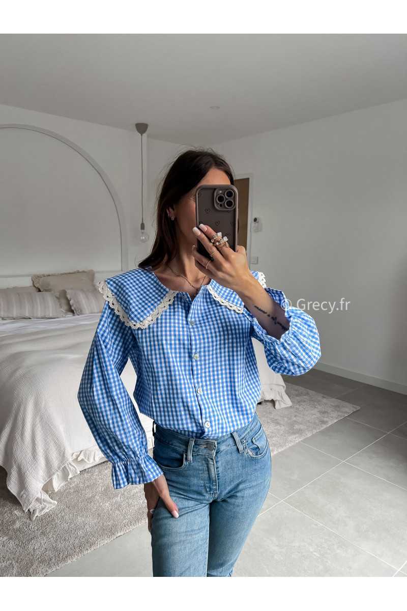 chemise vichy carreaux bleu blanc col claudine broderies dentelles été printemps 2025 mode grecy tendance look
