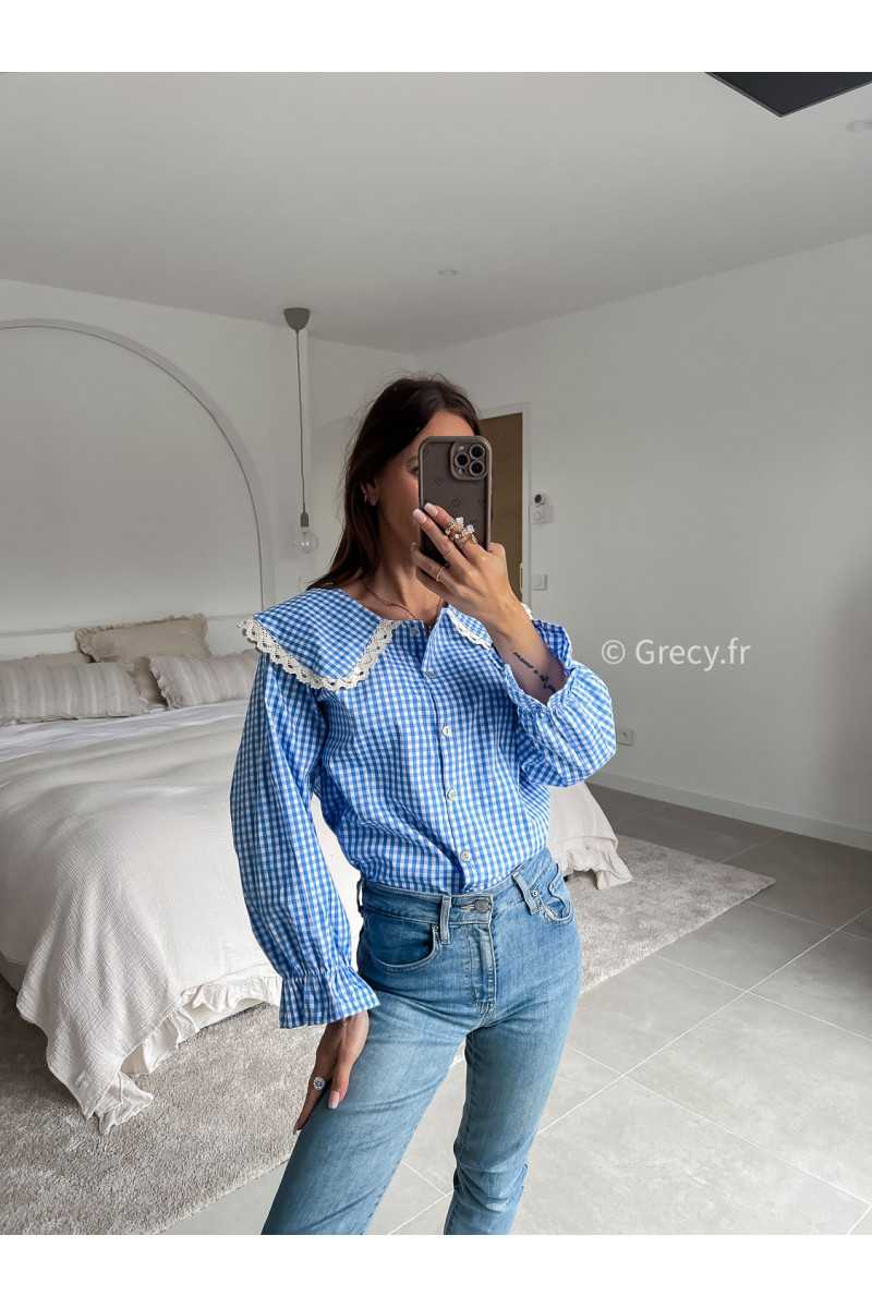 chemise vichy carreaux bleu blanc col claudine broderies dentelles été printemps 2025 mode grecy tendance look