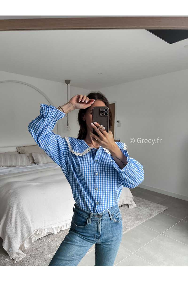chemise vichy carreaux bleu blanc col claudine broderies dentelles été printemps 2025 mode grecy tendance look